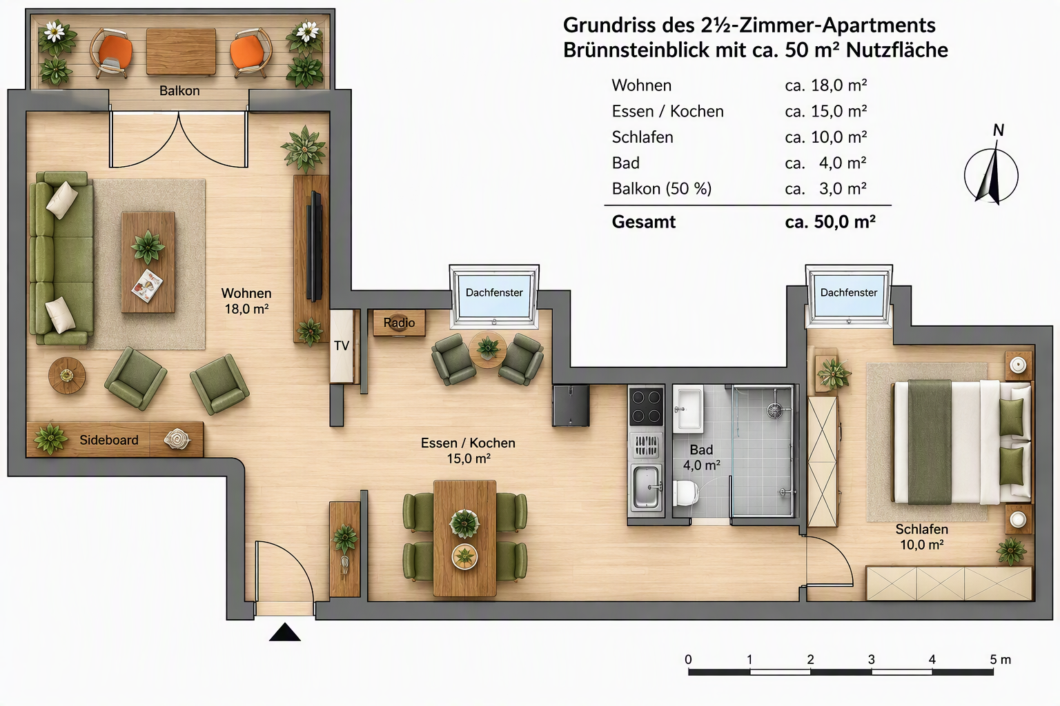 Floor plan of the Brünnsteinblick apartment showing the living area, kitchen and dining space, bedroom, bathroom and balcony.